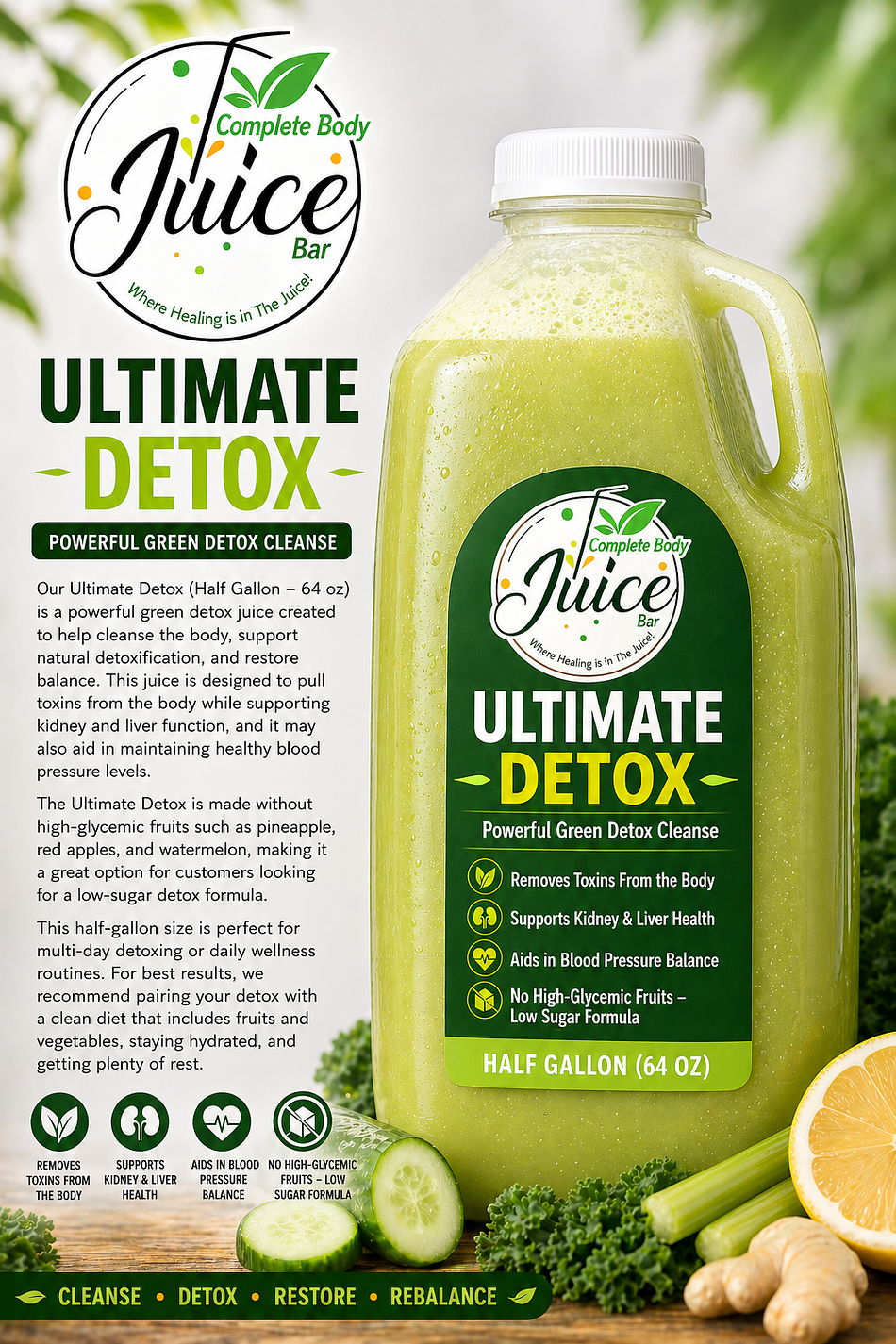Ultimate Detox Green Juice (Half Gallon, 64 oz) – 5-Day Low-Sugar